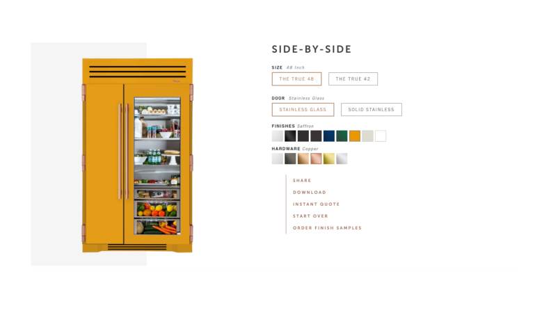 True Residential allows you to customize the finish and hardware of your stainless steel fridge. Saffron with copper is pictured. Cobalt blue is one of the most popular choices.