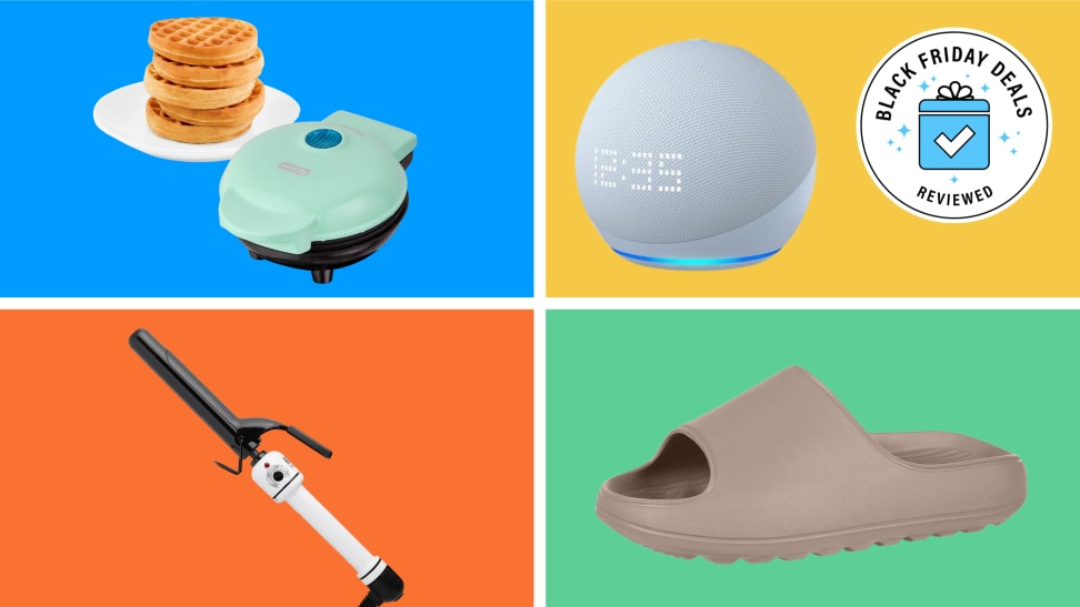 A curling iron, a waffle maker, an Echo Dot smart speaker and cloud slippers.