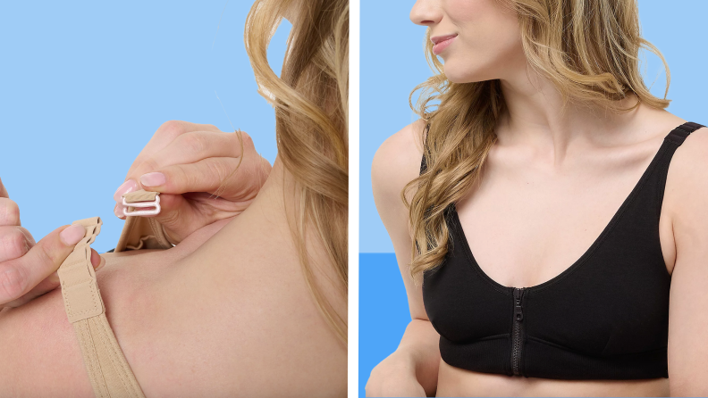 On left, person adjusts bra strap on shoulder. On right, person looks off to the side as they wear a black adjustable bra in front of blue background..