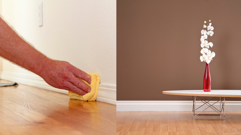 A shot of someone cleaning a baseboard paired with a shot of a very clean baseboard.