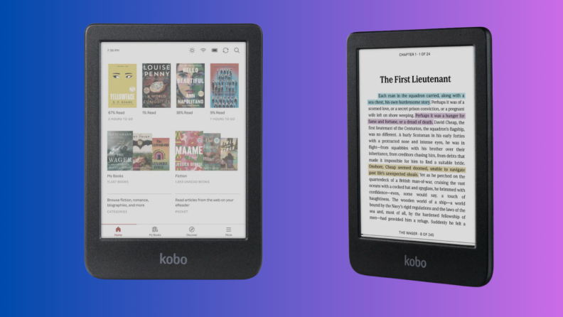 A Kobo e-reader sits on a blue and purple background