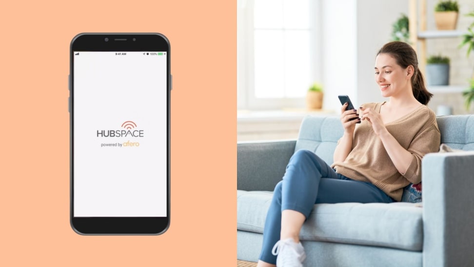 Side-by-side of a smartphone with the HubSpace app on the screen and a person sitting in a couch browsing her phone.