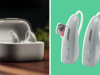 On left, Lexie B2 Bose hearing aids inside of charger case. On the right, set of Lexie B2 Bose hearing aids.