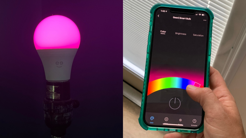 A side by side image of the Geeni Prisma Smart Bulb and the Geeni app