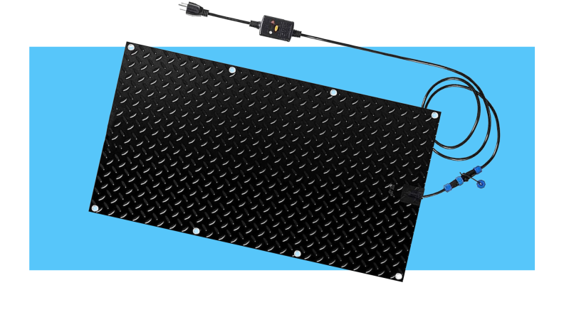 Single, regular black snow melting mat with a power cord sticking out the side  in front of white background.