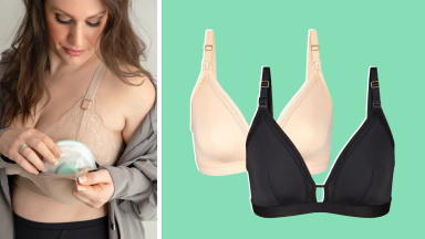 Person placing breast pump into nursing bra they're wearing. On right, product shot of nude and black Busty Nursing Bralette.