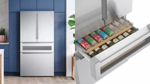 A stainless steel Bosch refrigerator with a beverage drawer.
