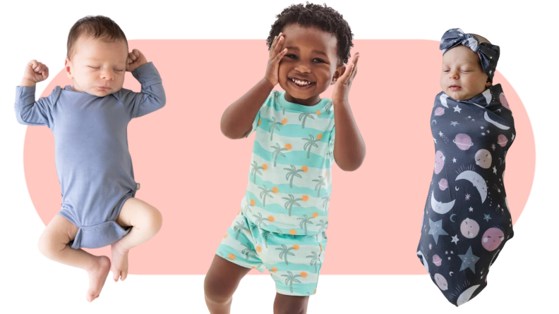 A sleeping infant, a smiling toddler and a sleeping newborn all wearing printed clothing from Kyte Baby, Hanna Andersson and Little Sleepies.