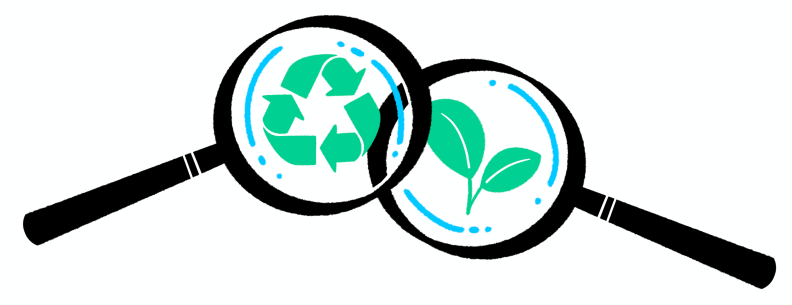 Cartoon illustration of two magnifying glasses overlapping with a sprout and recycling icons inside.