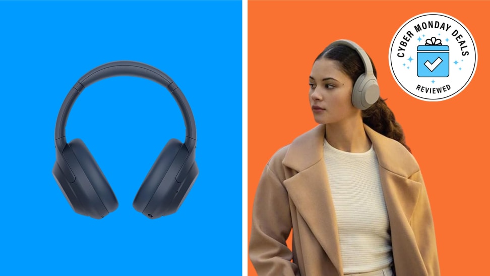 Blue Sony noise cancelling headphones on blue background next to person wearing headphones on red background