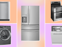 Five large appliances like a refrigerator, range, dishwasher and washing machine on an orange and pink background