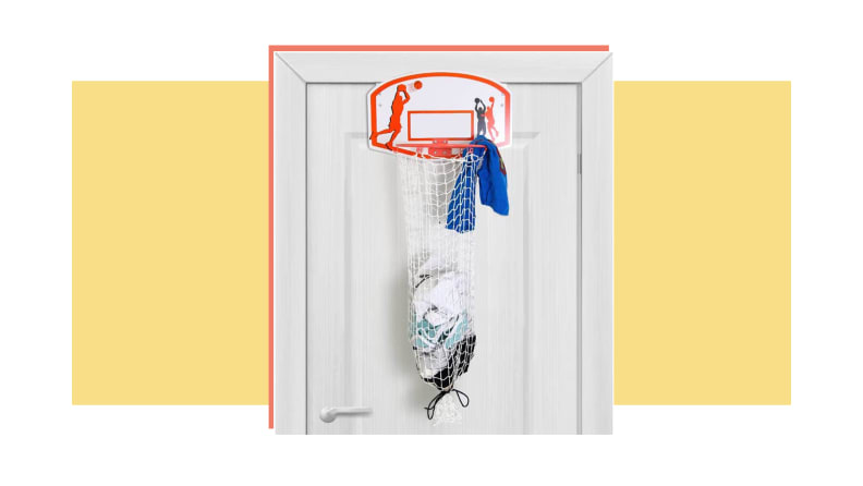 A basketball door hanger in front of a background.