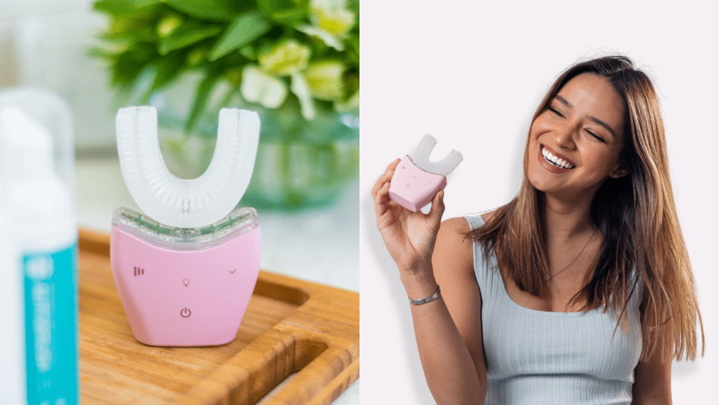 On left, pink Autobrush on bathroom countertop. In right, person smiling while holding Autobrush.