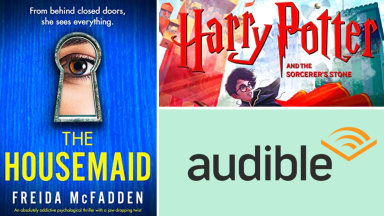 A collage of Audible titles like "Harry Potter" and more on a green background.