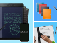 The Boogie board tablet, Rocketbook, and Symphony pen on a three panel image