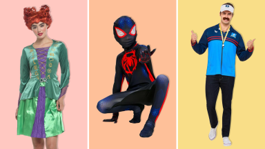 Winifred Sanderson, Spider-Man, and Ted Lasso costumes on a pink, orange, and yellow background.