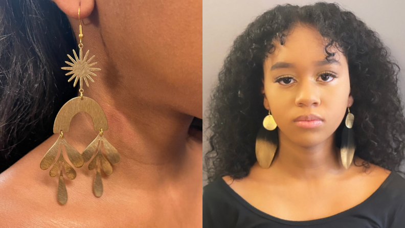 Two images of models wearing statement brass earrings in different styles.