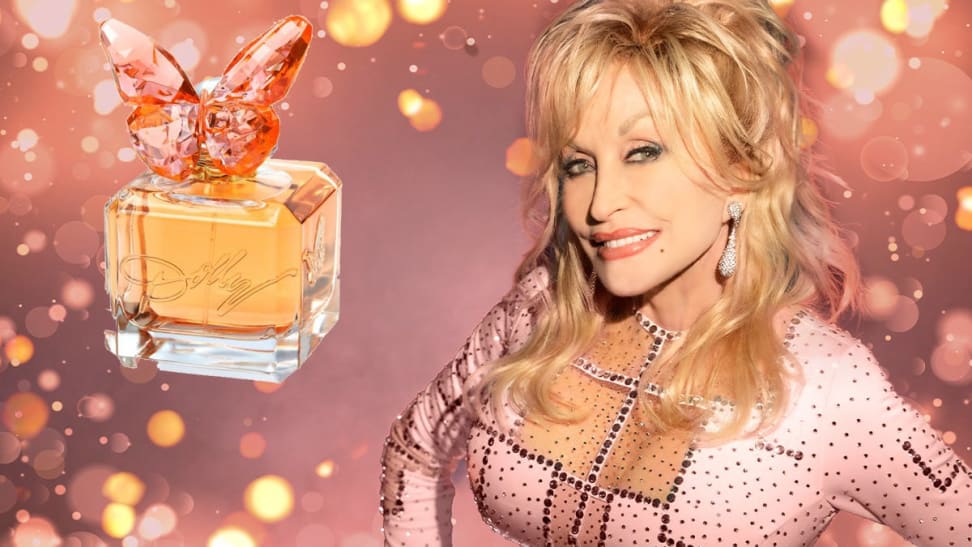 A butterfly-shaped bottle of perfume and country singer Dolly Parton.