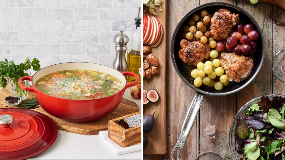 A collage with a Dutch oven and skillet available at Sur La Table.