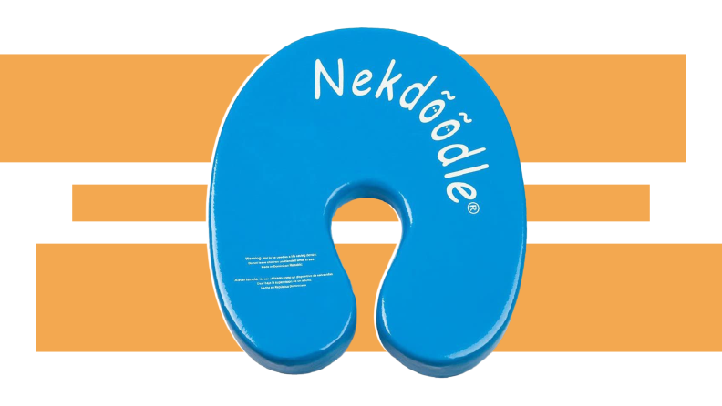 A blue Nekdoodle Swimming Pool Float with white lettering in front of an orange and white background.