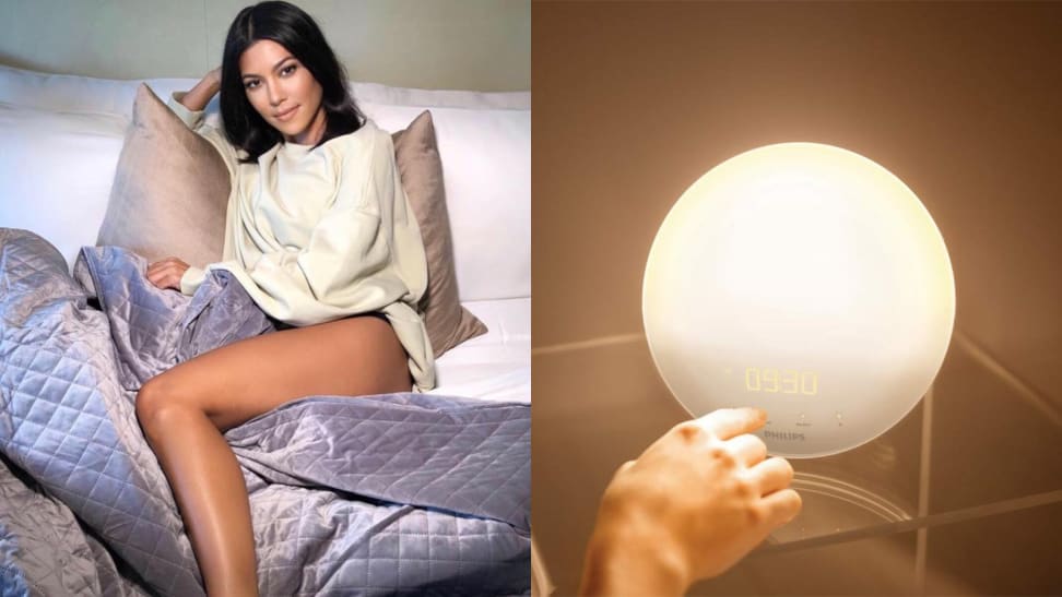 A photo of Kourtney Kardashian using the BlanQuil Quilted Weighted Blanket next to a photo of the Philips Wake-Up Light Therapy Alarm Clock.