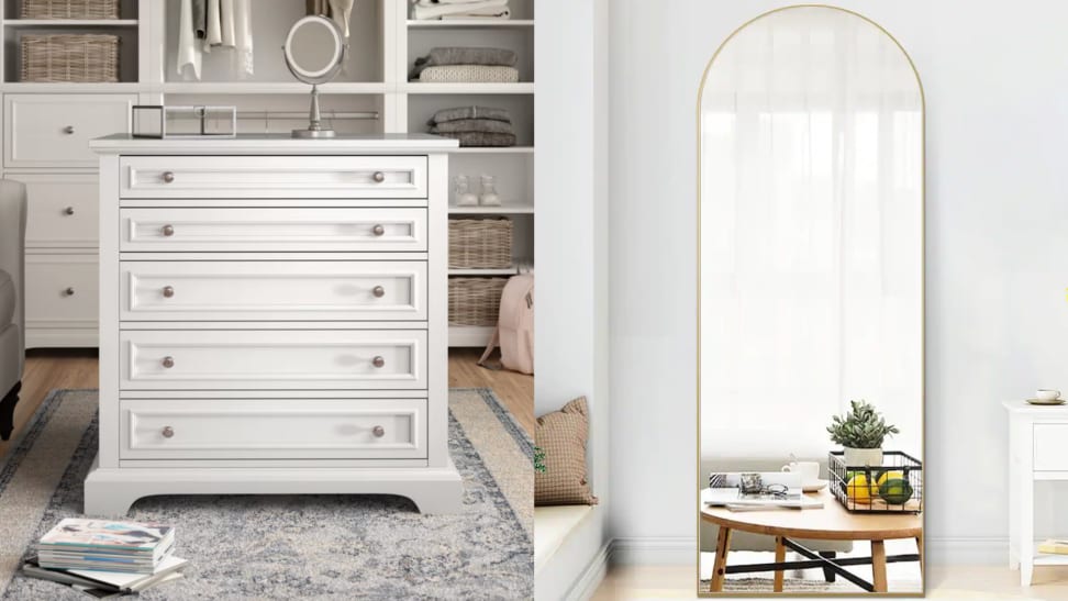 On left, white dresser with five drawers inside of closet. On left, arch shaped floor floor-length mirror.