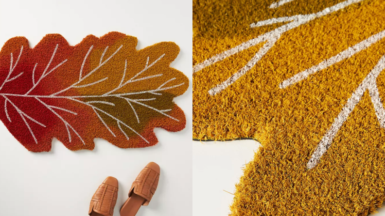 Left: leaf-shaped doormat next to shoes, right: close-up of leaf doormat