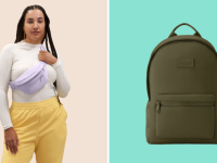 A lavender fanny pack and a green backpack.