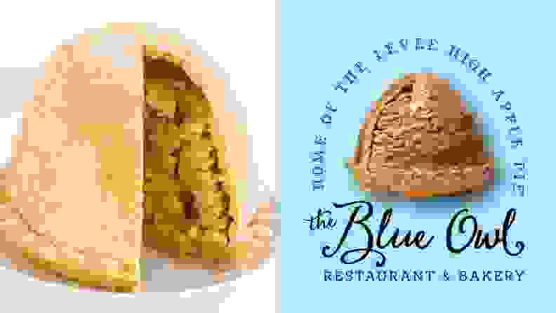Left: A very tall apple pie that contains 18 golden delicious apples, encased in flaky pastry. Right: The Blue Owl Bakery logo, including the caramel- and pecan-covered version of its signature Levee High Apple Pie.