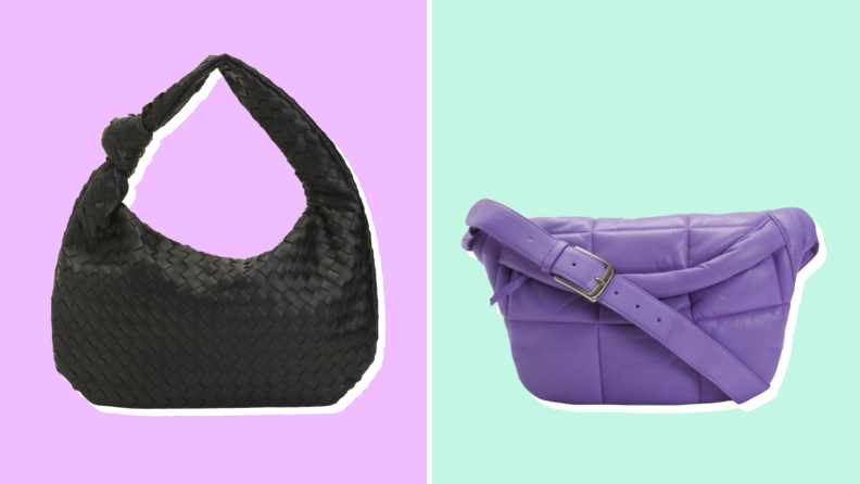 Two purses sold at TJ Maxx against purple and light green backgrounds