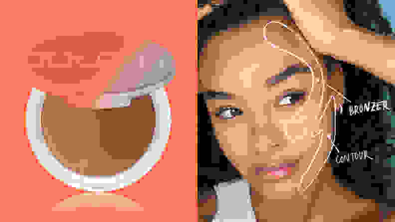 On the left: The Item Beauty Cheek Money in its compact with the lid open to reveal two bronzer shades against a red background. On the right: A model with a drawing on her face that shows where to apply bronzer and contour.