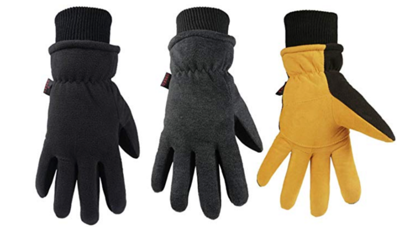 Image of three gloves: first is black, middle is gray, third is yellow.