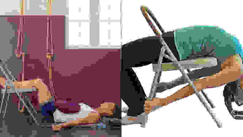 Two separate images, each of a different yogi stretching and holding a pose with the help of a folding chair.