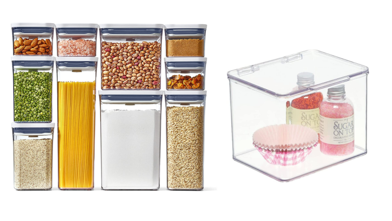On the left, a series of clear storage bins  in various sizes. On the right, a clear bin with a fold down lid.