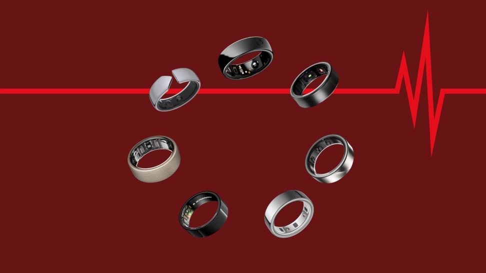 7 smart rings in a circle on a maroon background with a heart monitor pulse line