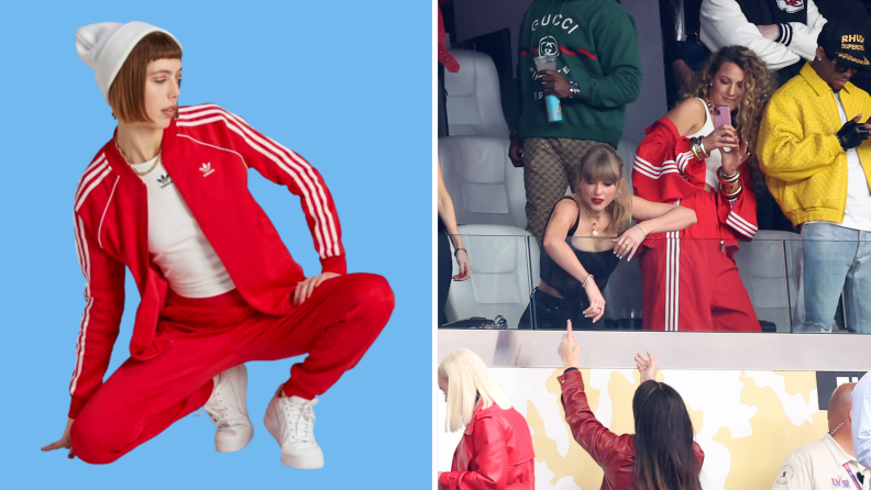 A model crouched wearing a red adidas tracksuit, sneakers, and a beanie, and also a photograph of Taylor Swift, Lana Del Rey, and Blake Lively in the stands of the 2024 Super Bowl.