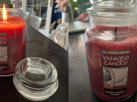 On left, burning "Home Sweet Home" by Yankee Candle. On right, "Home Sweet Home" by Yankee Candle with lid on.