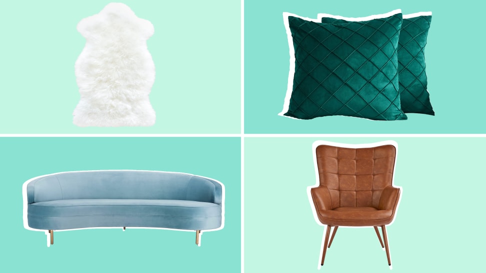 White shag fur rug, emerald green velvet throw pillows, pastel blue velvet couch, tan leather armchair.