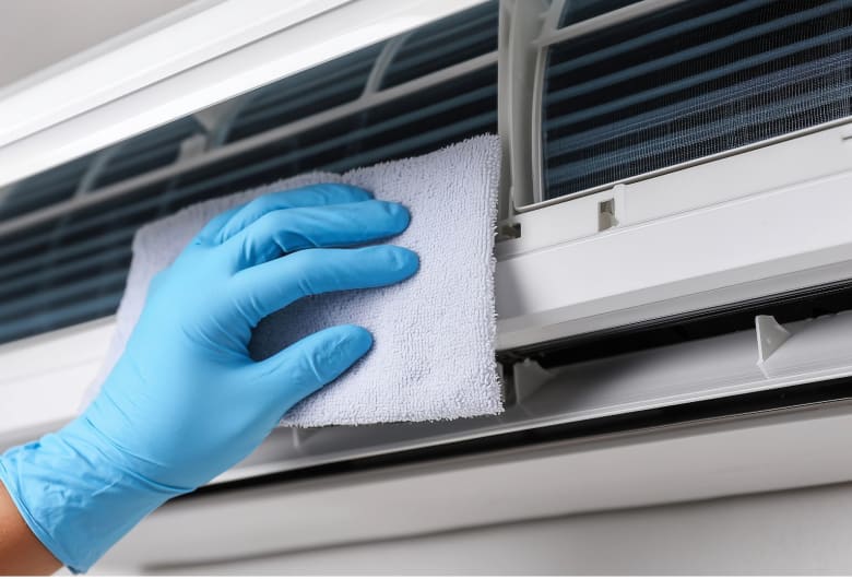 A person cleaning an air conditioning unit