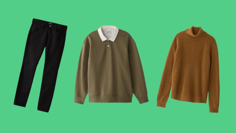 A pair of black jeans, a green rugby shirt, and a yellow turtleneck sweater.
