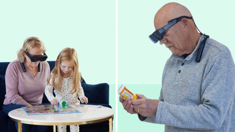 Photo collage of two people performing daily tasks while wearing the eSight Go eyeglasses.