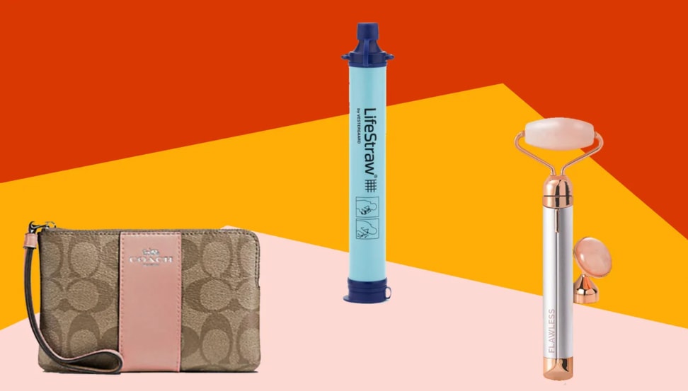 A Coach clutch, a LifeStraw, and a rose quartz roller.