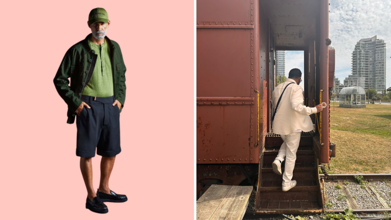 A model wearing a jacket, shorts, and henley T-shirt in cool tones, and also a man wearing an all-white ensemble stepping onto an antique train.