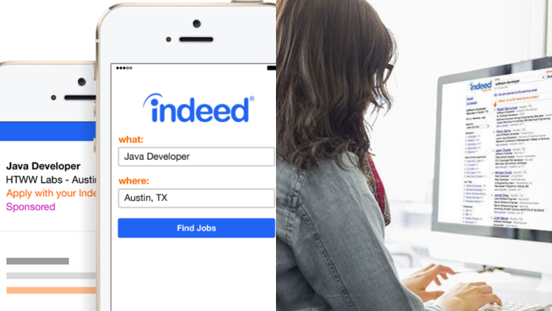 A person uses Indeed to search for a job.