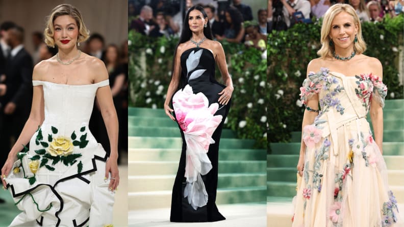 Gigi Hadid, Demi Moore, and Tory Burch wearing one of the Met Gala red carpet trends.
