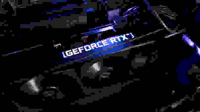 A rendering of a Nvidia graphics card with Geforce RTX emblazoned on the side in RGB lighting