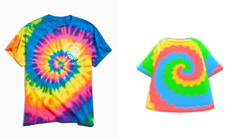 A tie-dye shirt and a similar shirt in animal Crossing.