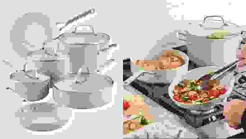 Side-by-side shots of the cookware on modeling display and the cookware being used to cook chicken and salads.