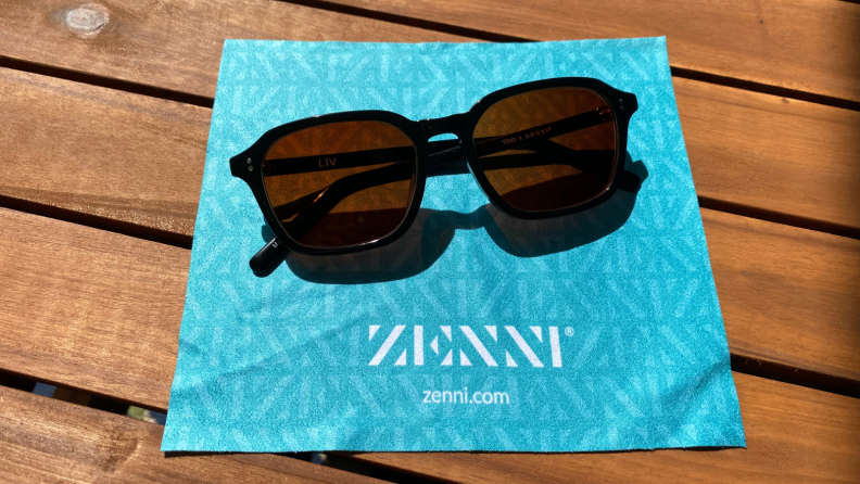 Zenni sunglasses on a blue cloth
