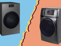 GE Profile Washer Dryer Combo and Samsung Bespoke AI Washer Dryer Combo on ripped paper background